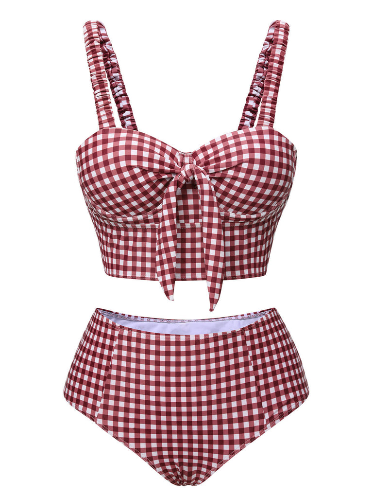 Red 1930s Plaid Knot Strap Swimsuit