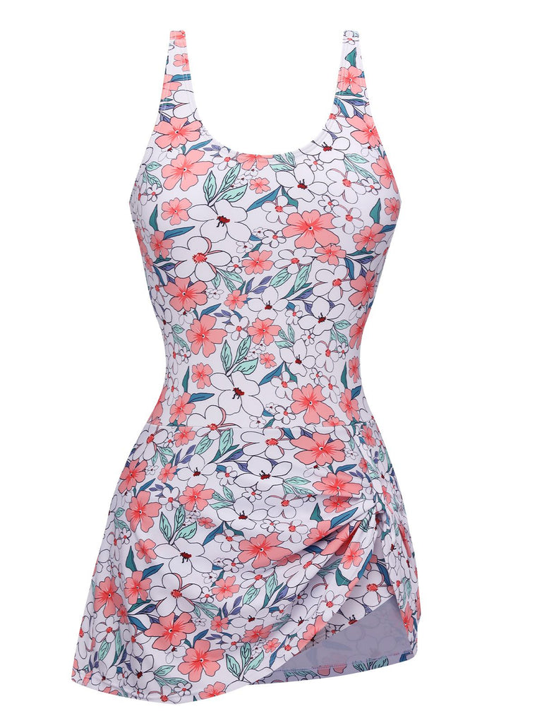 White 1930s Floral Wide Strap Swimsuit