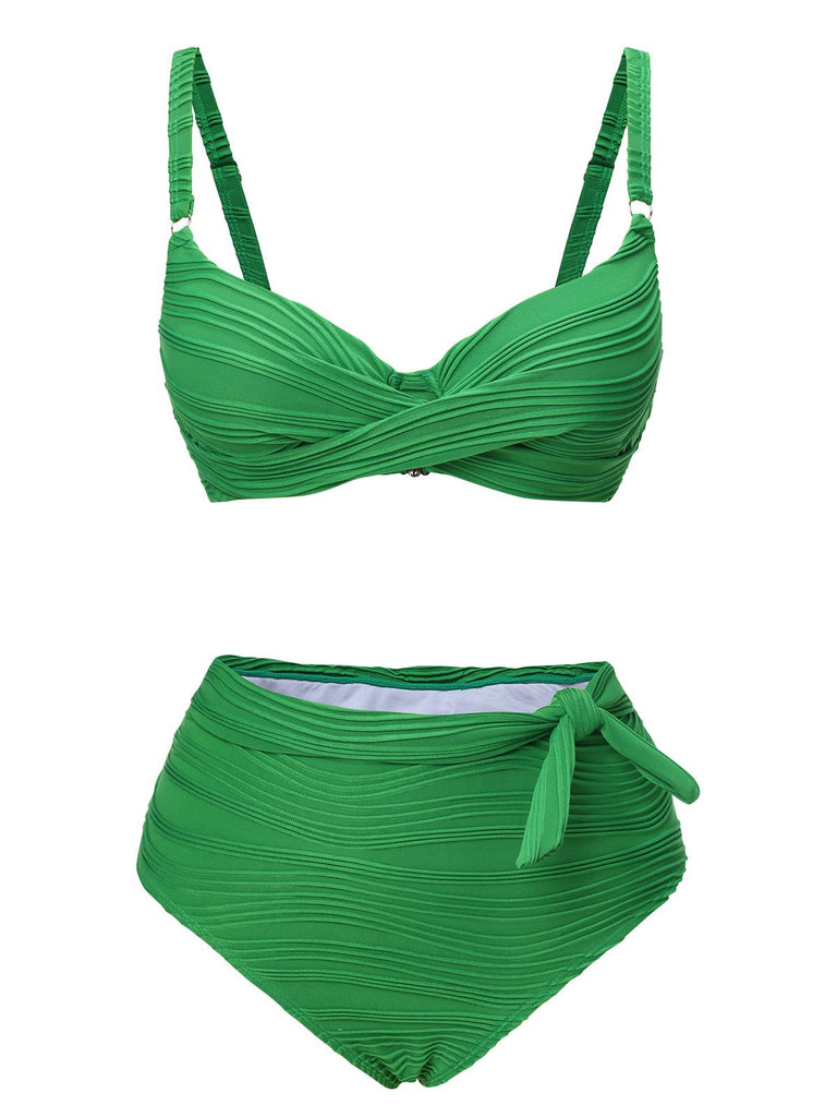 Green 1960s Pleated Solid Swimsuit