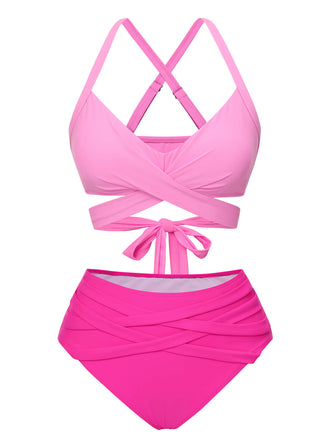 [US Warehouse] Pink 1960s Solid Strap Bandage Bikini Set