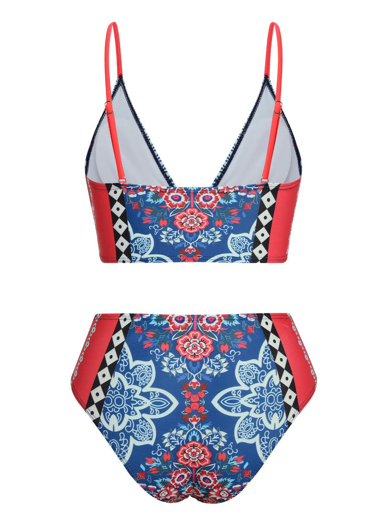 Blue 1940s Tribal Print V-Neck Swimsuit
