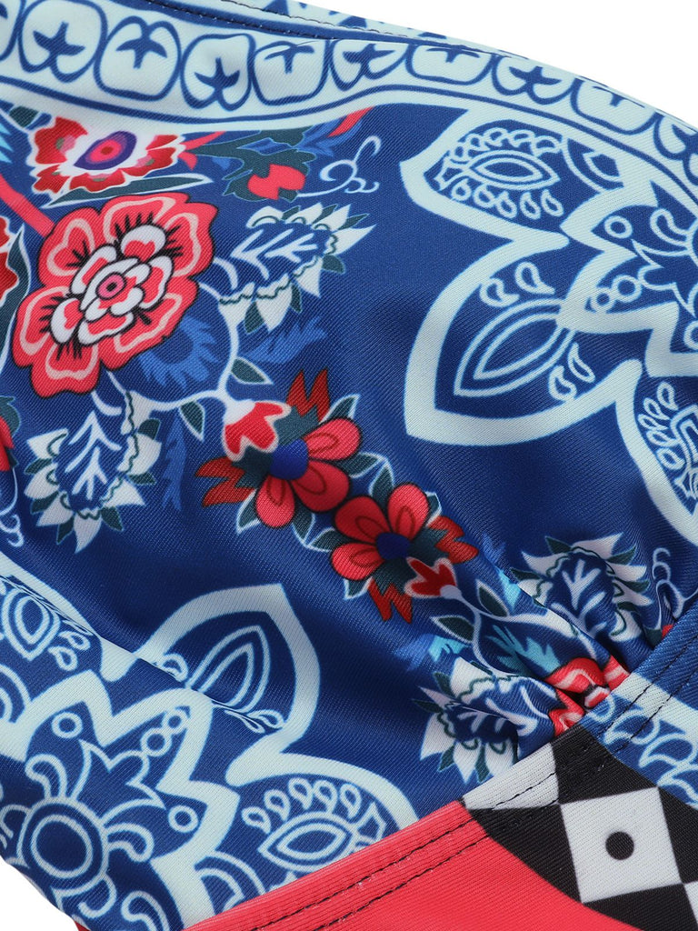 Blue 1940s Tribal Print V-Neck Swimsuit