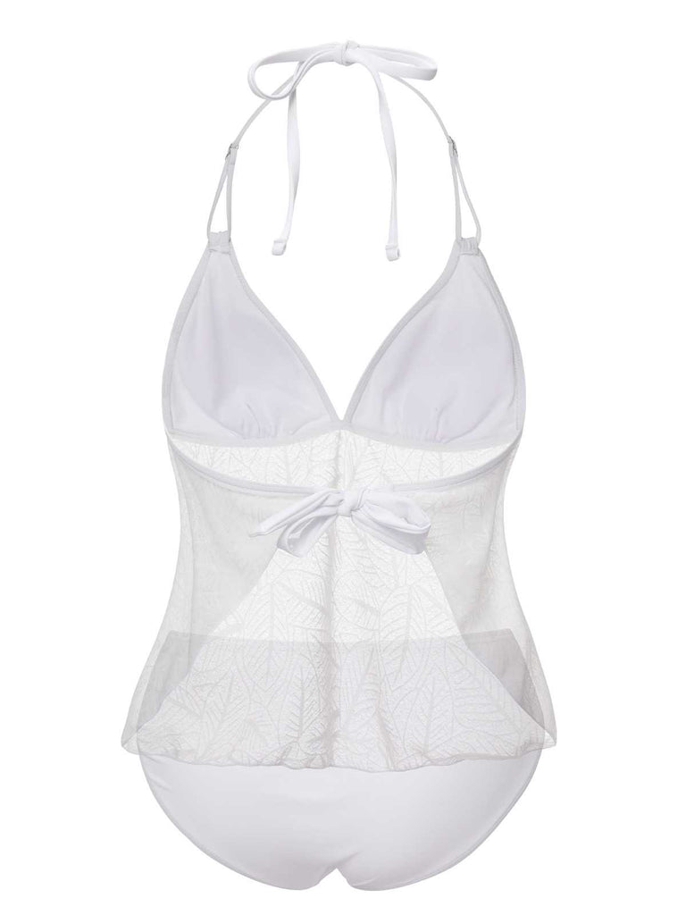 White 1930s Halter Backless Solid Swimsuit