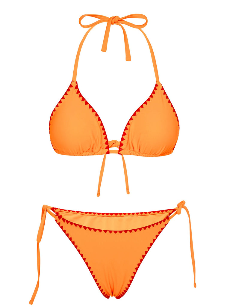 Orange Red 1930s Spaghetti Strap Halter Bind Bikini