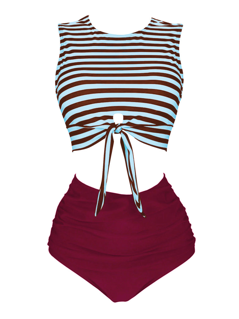 Red & Blue 1970s Striped Waist Tie Patchwork Swimsuit
