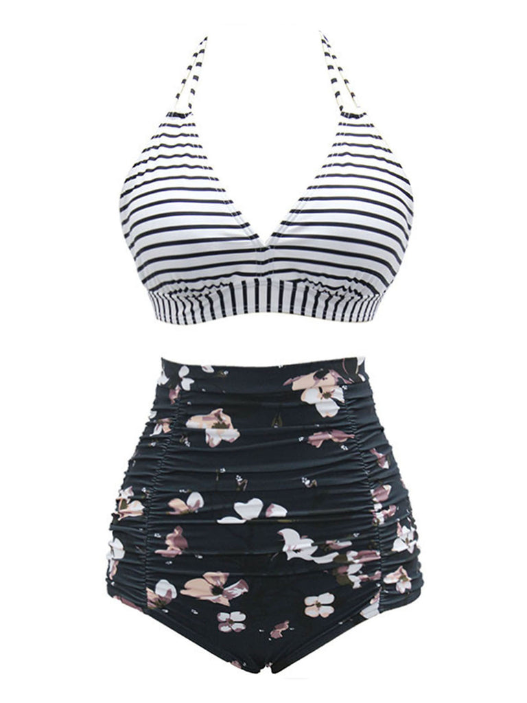 Black 1950s Halter Floral Stripes Swimsuit