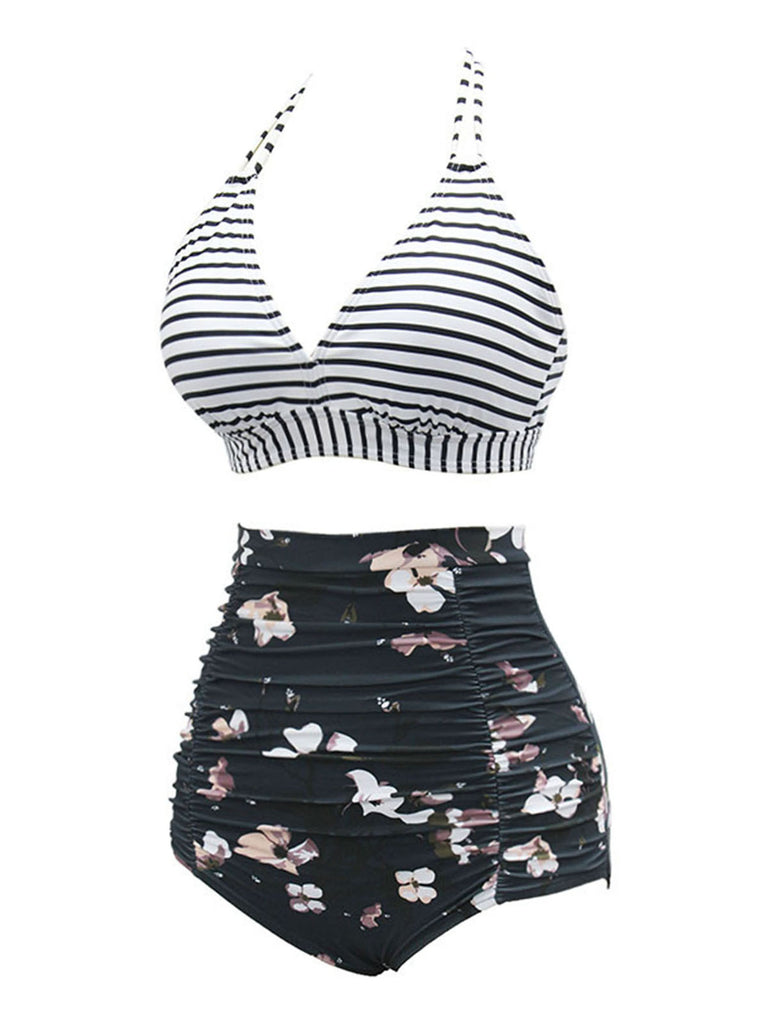 Black 1950s Halter Floral Stripes Swimsuit