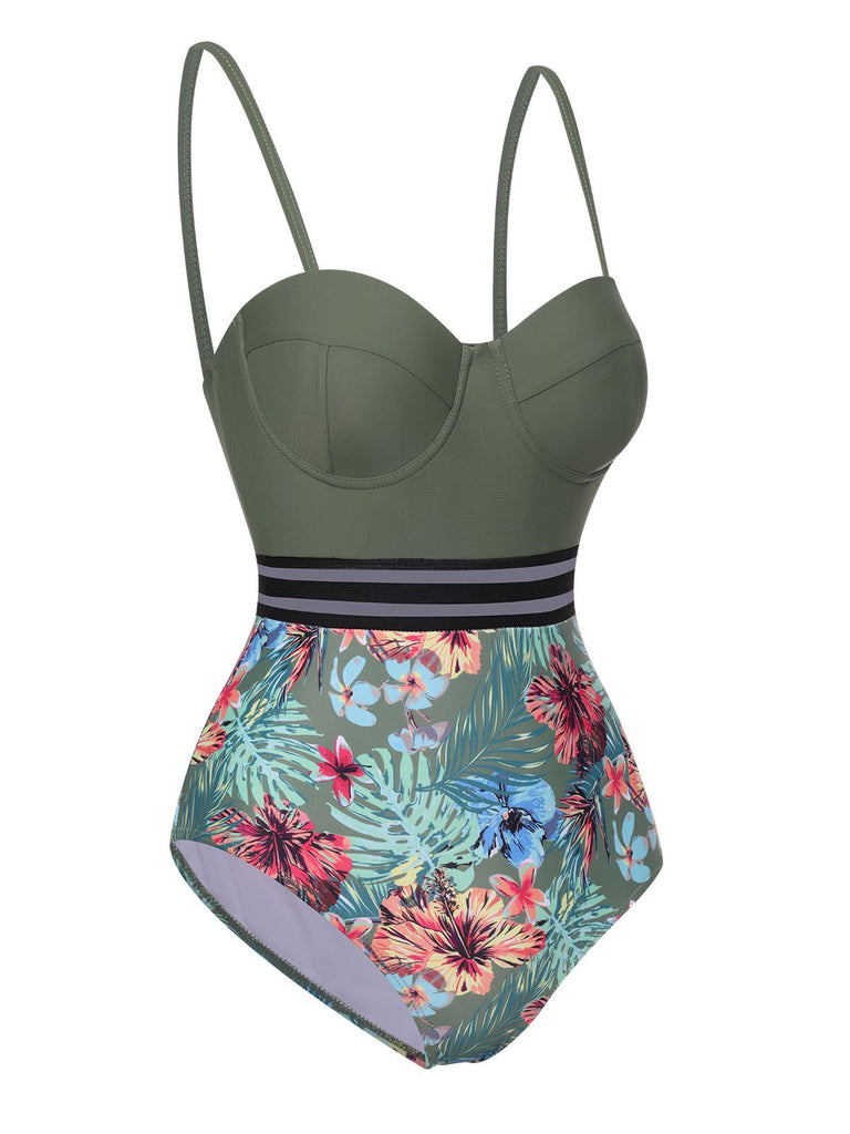 Green 1970s Tropical Patchwork Strap Swimsuit