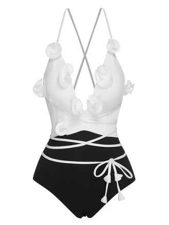 Black & White 1950s 3D Flowers Lace-Up Swimsuit