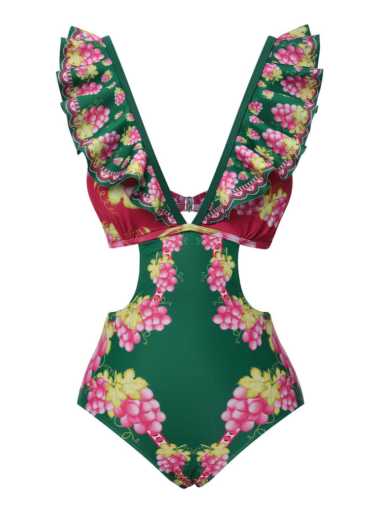 Green 1950s Retro-Flowers V-Neck Swimsuit