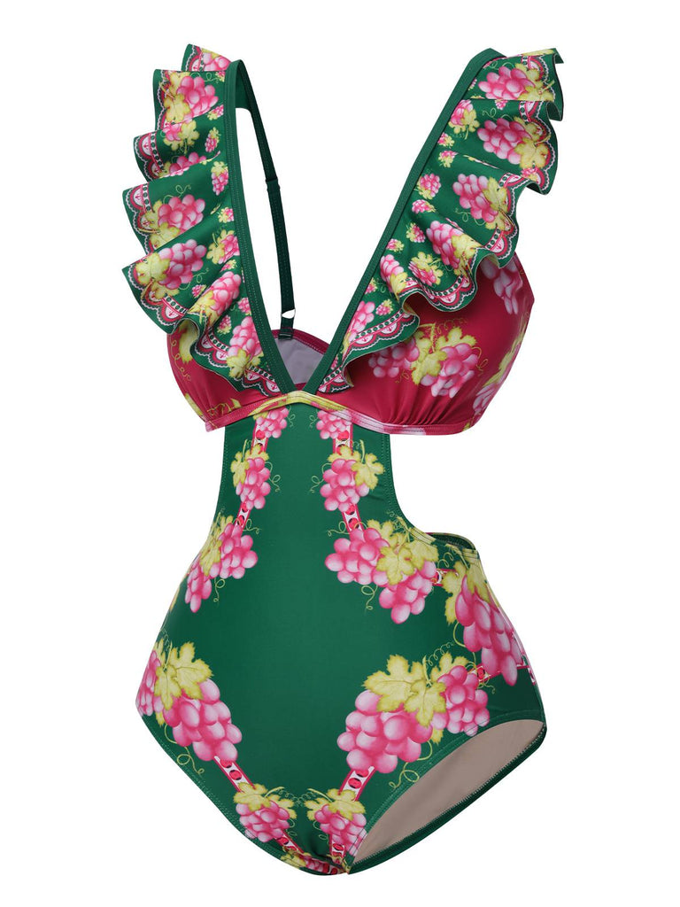Green 1950s Retro-Flowers V-Neck Swimsuit