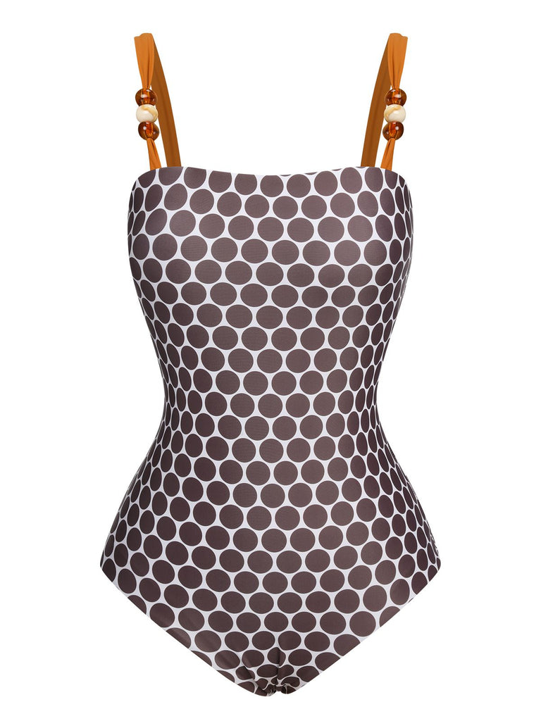 Brown 1930s Beads Straps Polka Dots Reversible Swimsuit