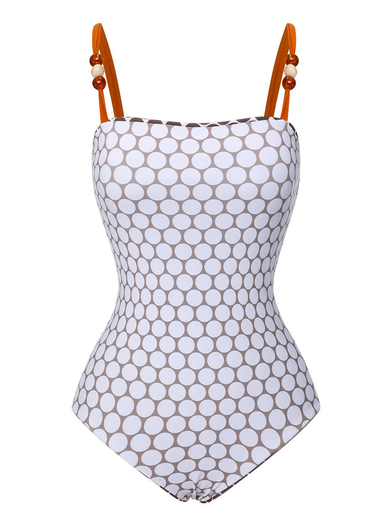 Brown 1930s Beads Straps Polka Dots Reversible Swimsuit