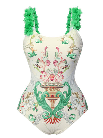 Multicolor 1950s 3D-Flowers Spaghetti Straps Swimsuit