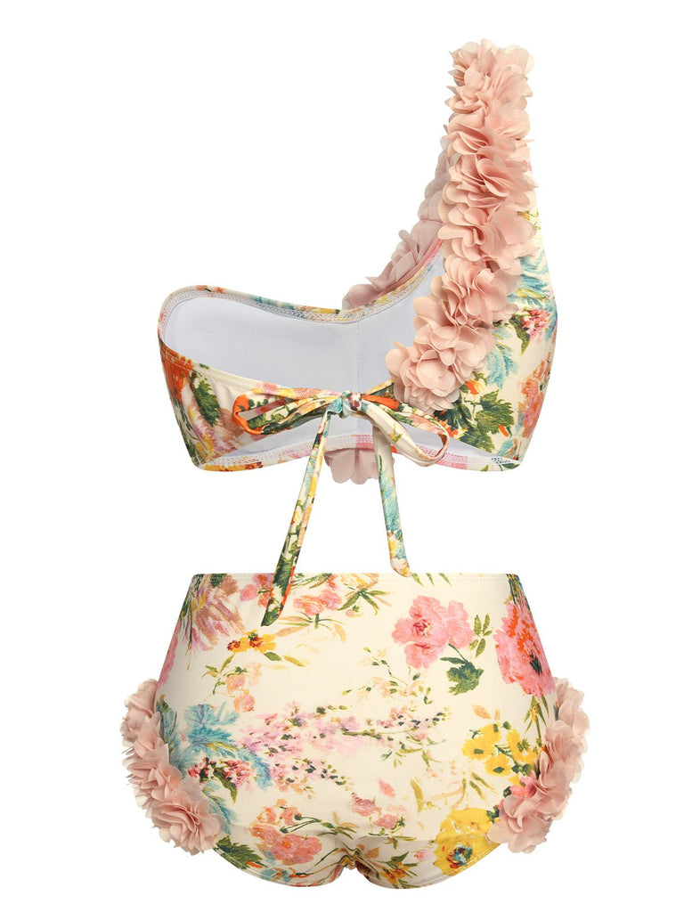 Pink 1950s 3D Lace Floral One-Shoulder Swimsuit