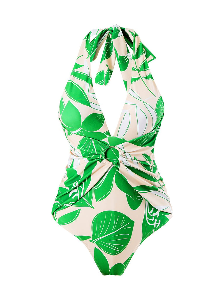 2PCS Green 1960s Plant Prints Halter Swimsuit & Long Cover-Up