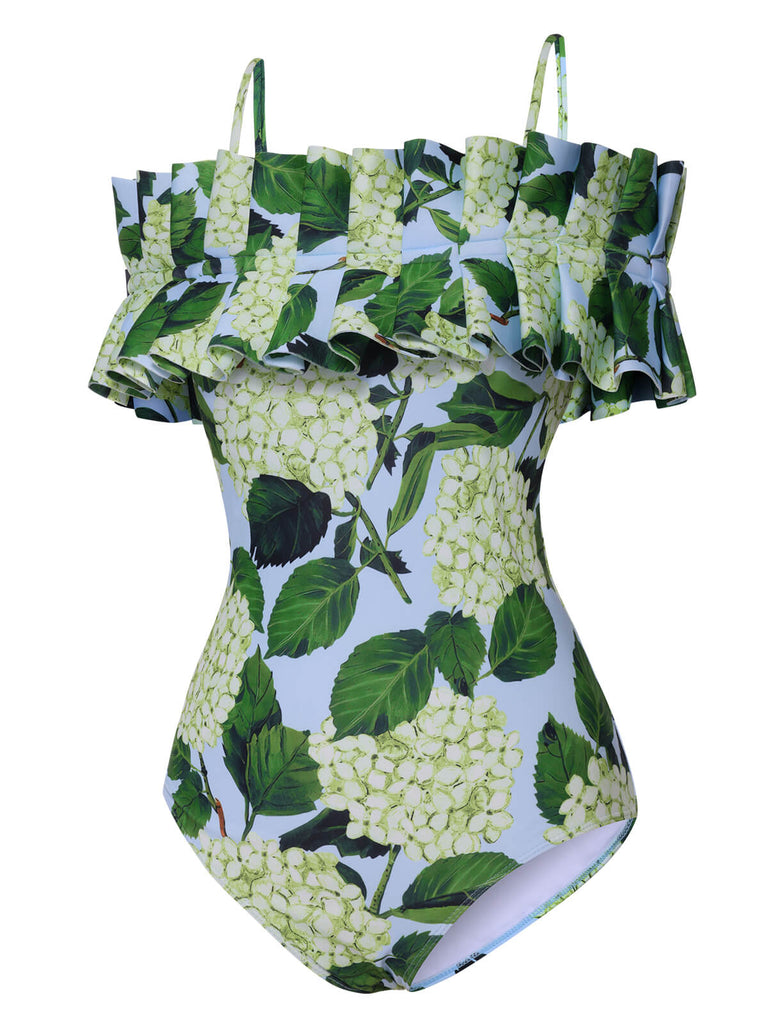 Green 1950s Hydrangea Floral Cold-Shoulder Swimsuit