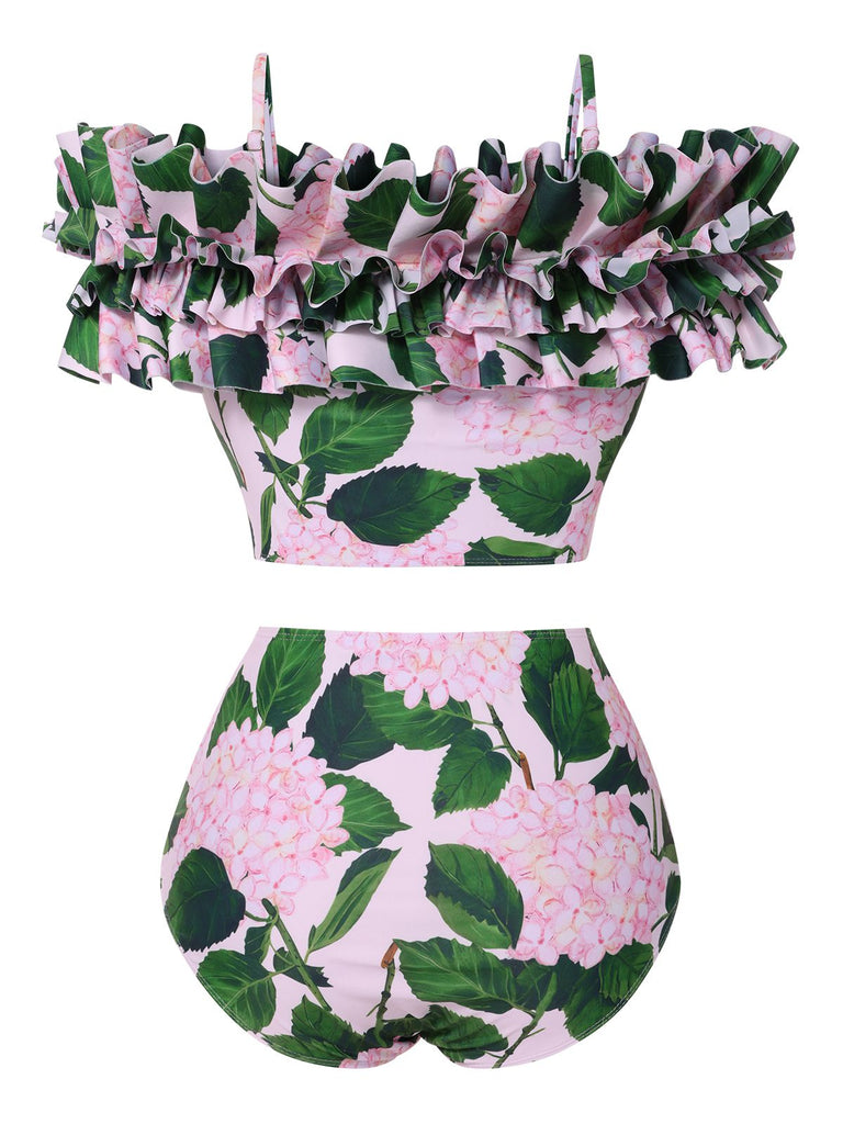 Pink 1950s Cold-Shoulder Floral Ruffle Swimsuit