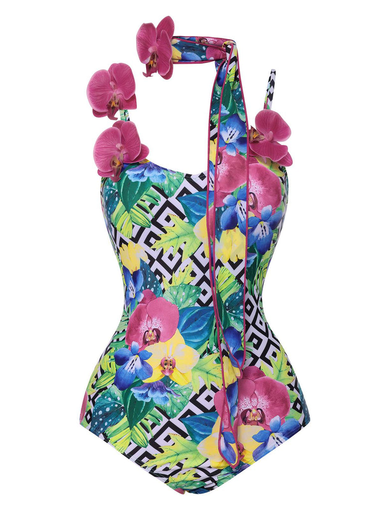 Multicolor 1950s Halter Artificial Flowers Swimsuit