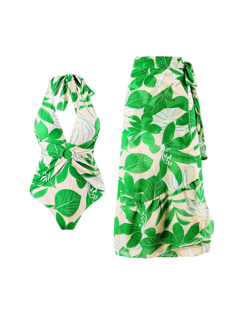 Green 1960s Plant Prints Halter One-Piece Swimsuit