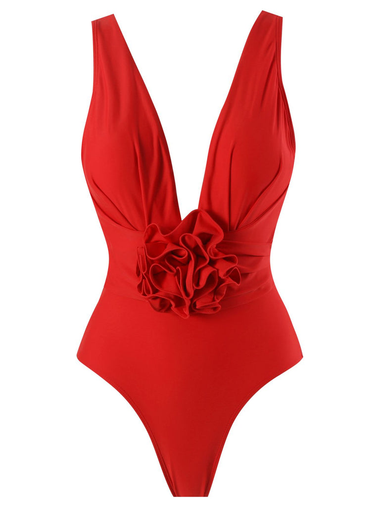 Red 1960s Solid 3D Flower Backless Swimsuit
