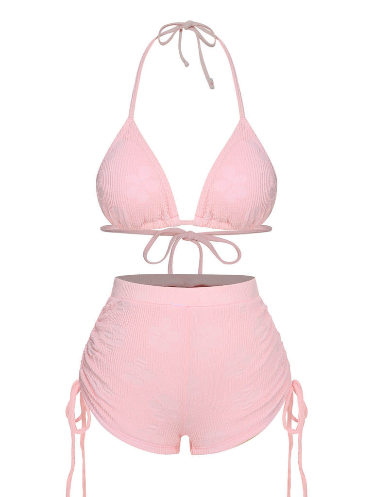 Pink 1960s Floral Lace-Up Halter Swimsuit