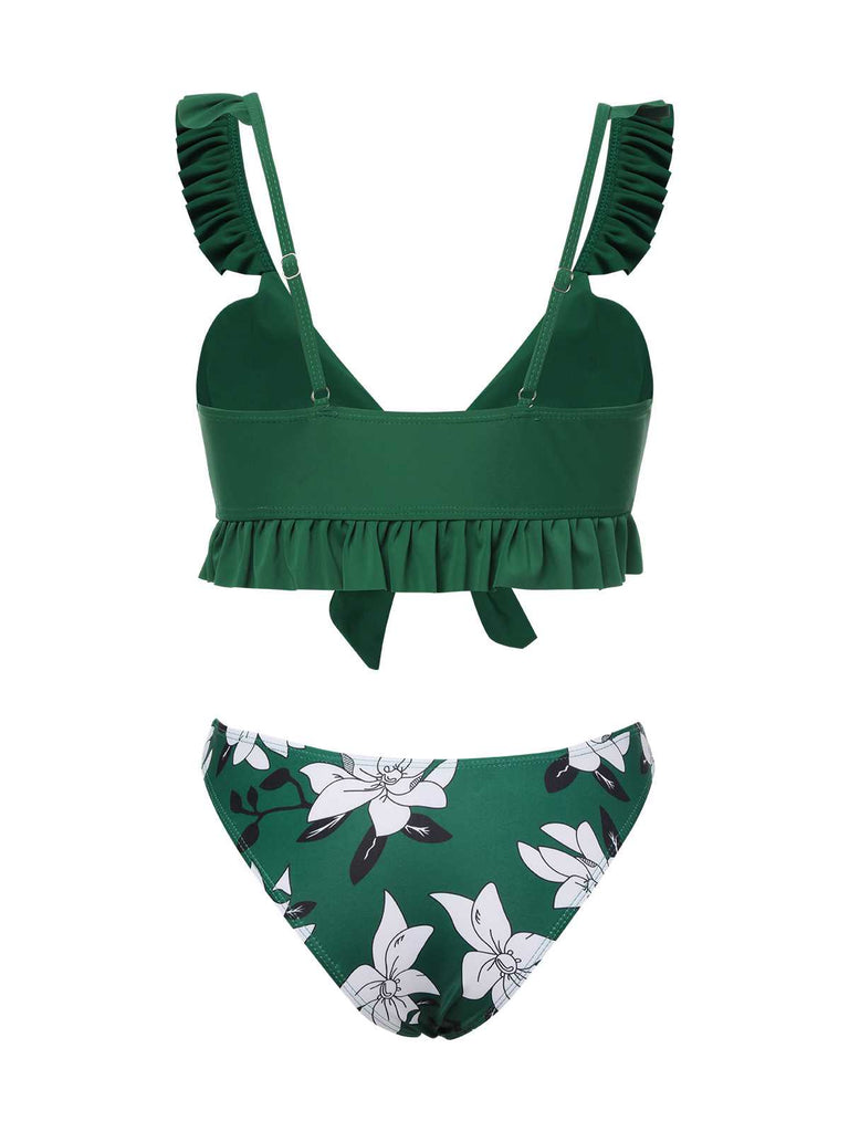 Green 1960s Strap Floral Ruffles Swimsuit