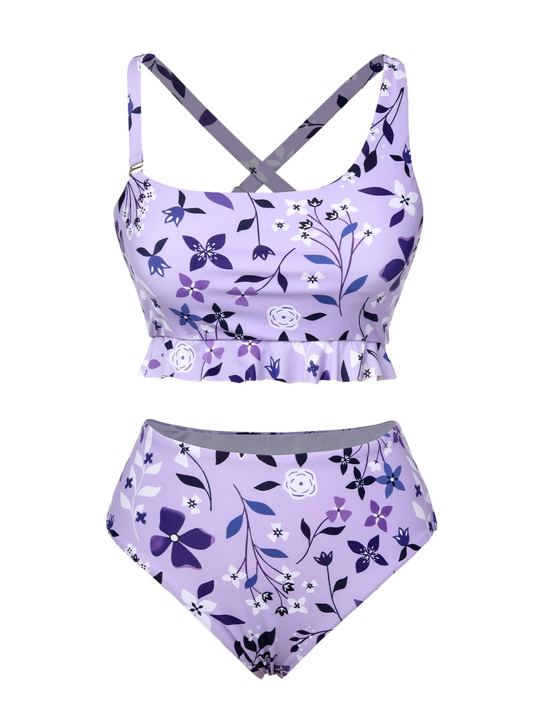 Purple 1930s Floral Irregular Shoulder Straps Swimsuit
