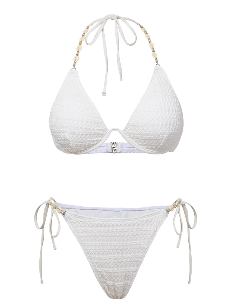 White 1960s Solid Boho Halter Bikini