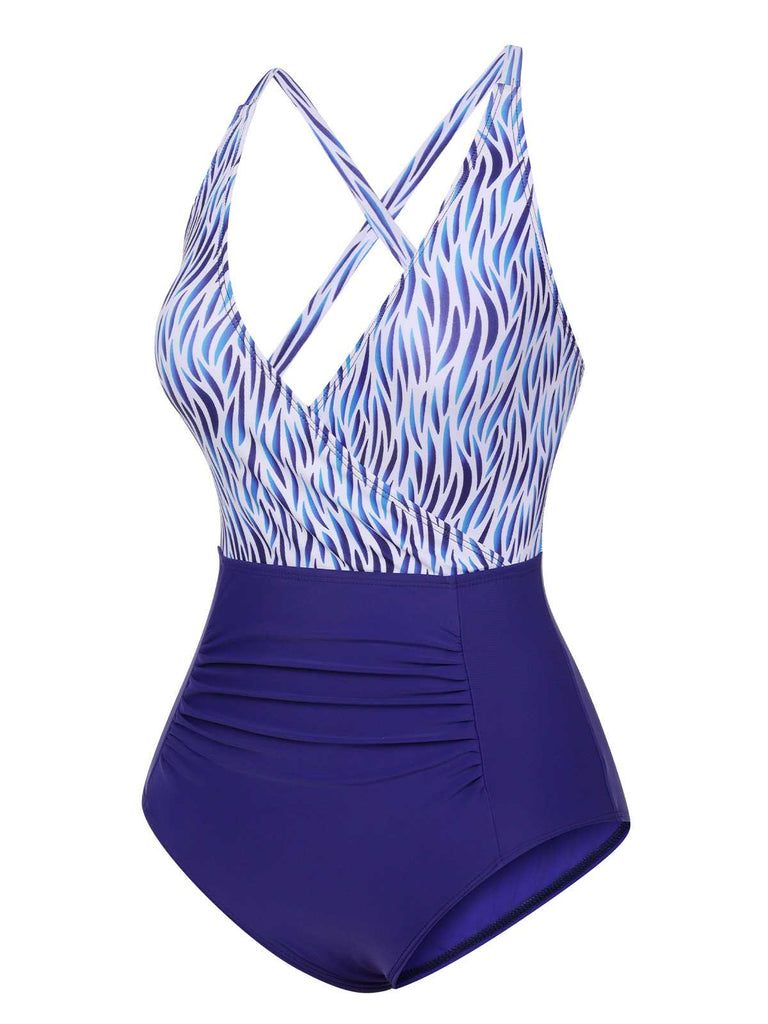 Blue 1930s Strap Stripes Patchwork One-Piece Swimsuit