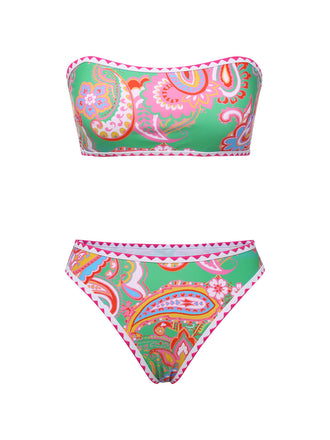 Green 1970s Hippie Print Bandeau Bikini