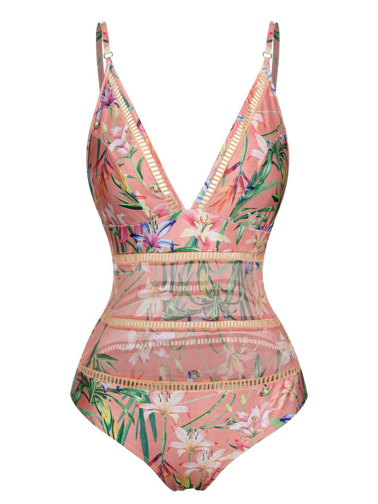 Pink 1960s Spaghetti Strap Floral One-Piece Swimsuit