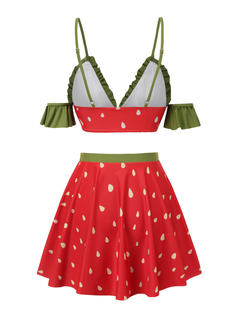 [Pre-Sale] Red 1950s Spaghetti Strap Ruffles Strawberry Swimsuit