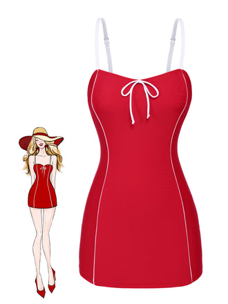 Red 1940s Bow Straps One-Piece Swimsuit