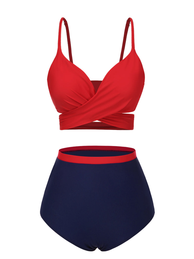 [Pre-Sale] Red 1930s Spaghetti Strap Color Block Swimsuit