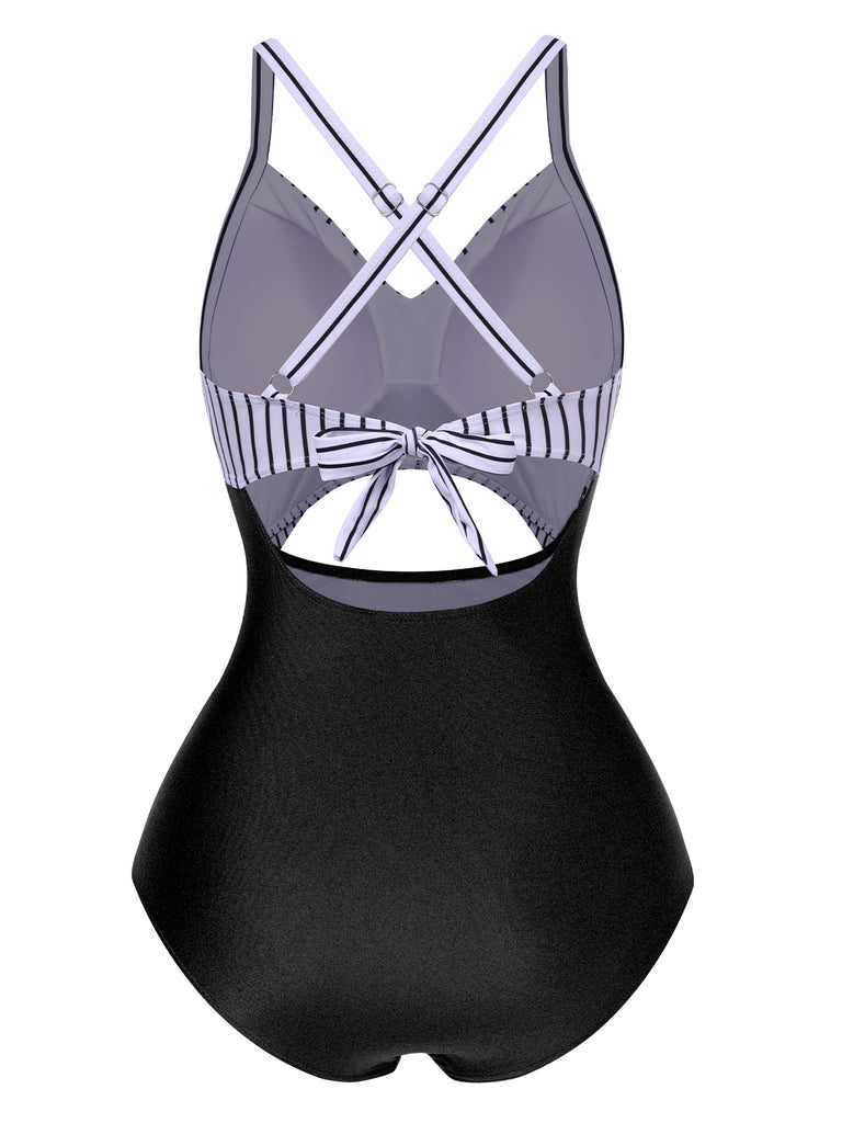 Blue 1940s Stripe Patchwork Hollow One-Piece Swimsuit