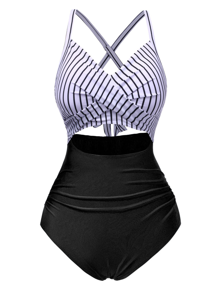 Blue 1940s Stripe Patchwork Hollow One-Piece Swimsuit