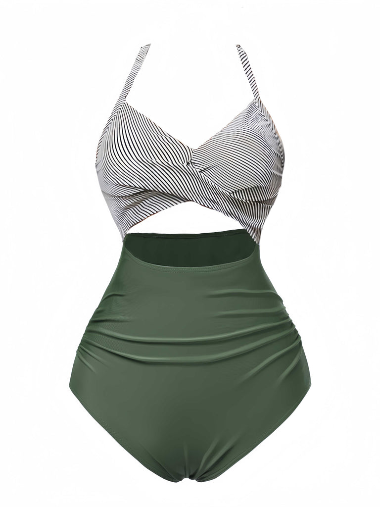 Blue 1940s Stripe Patchwork Hollow One-Piece Swimsuit