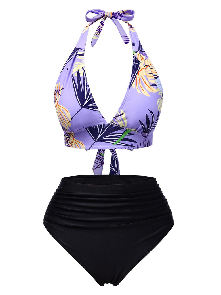 Purple 1960s Tropical Plants Lace-Up Halter Swimsuit