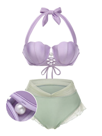 [US Warehouse] Lavender 1970s Mermaid Shell Halter Bikini Set