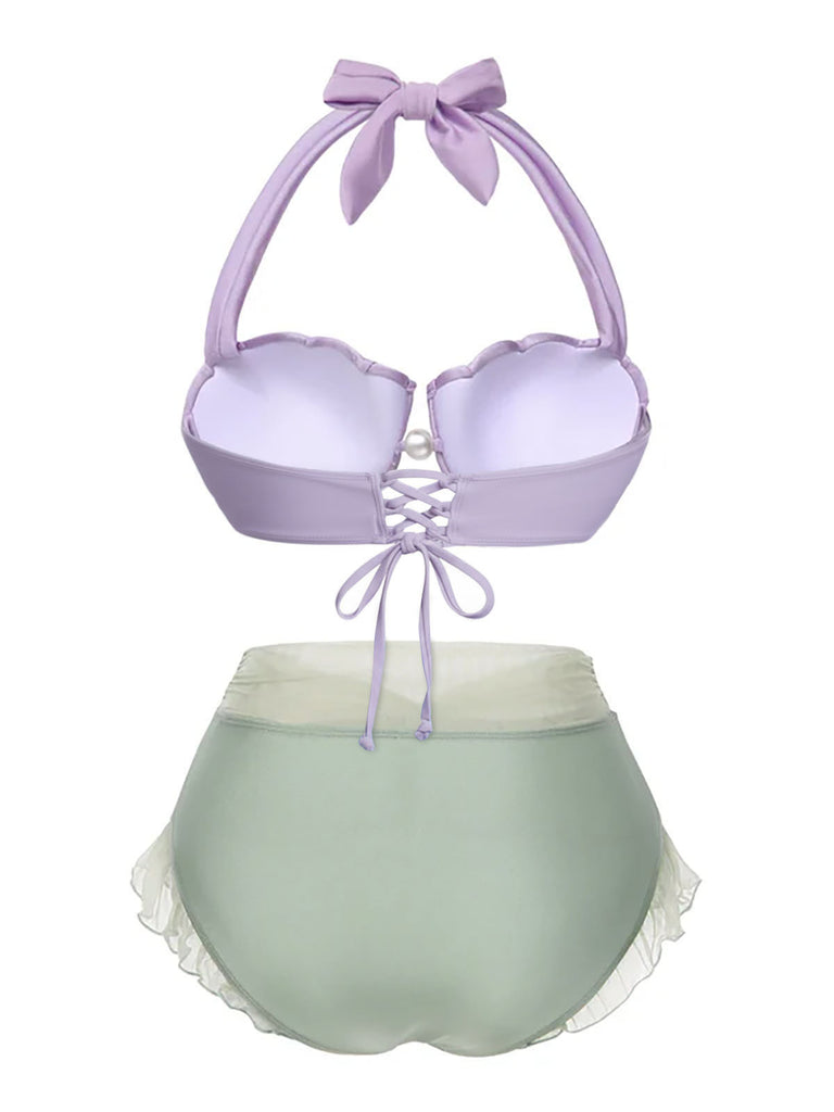 [US Warehouse] Lavender 1970s Mermaid Shell Halter Bikini Set