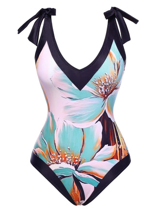 [US Warehouse] Blue 1950s Floral Patchwork Shoulder Tie Swimsuit