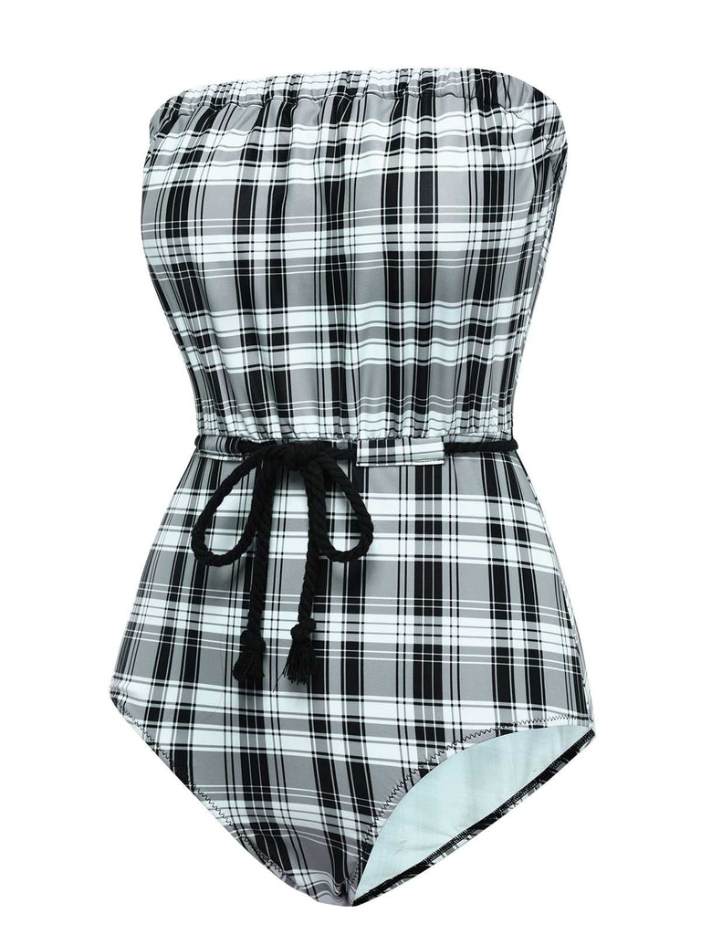 1950s Strapless Plaids One-Piece Swimsuit