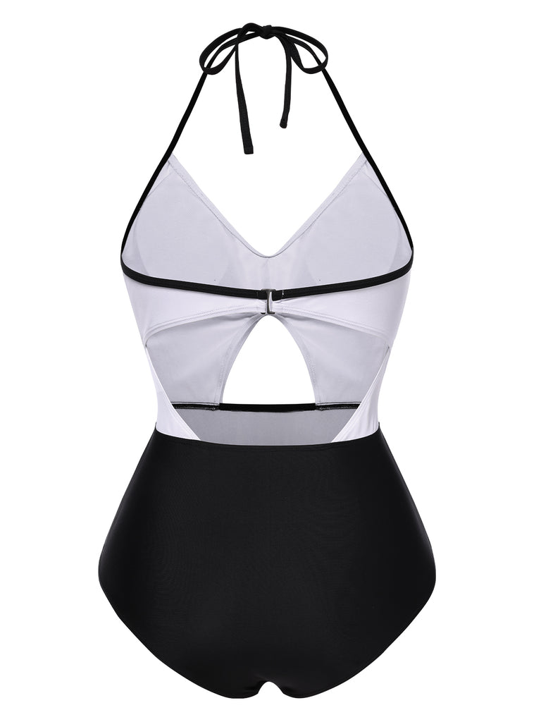 White 1960s Halter Front Cutout One-Piece Swimsuit