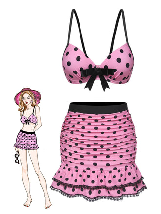 [US Warehouse] Pink 1950s Polka Dot Halter Skirt Swimsuit