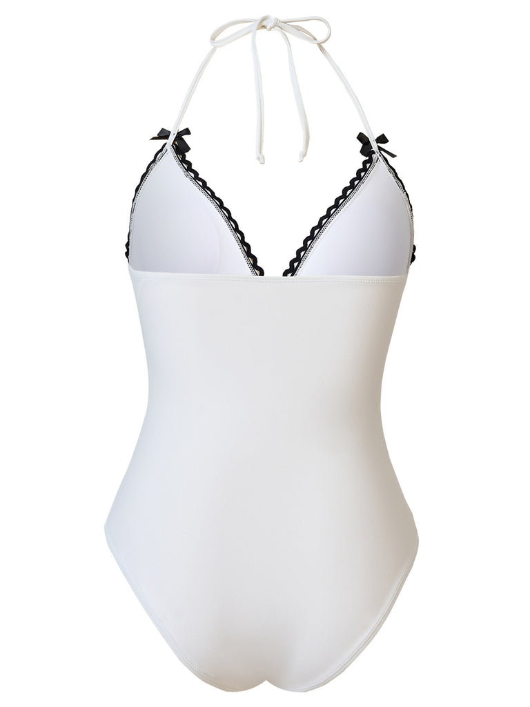 White 1950s Bow Lace-Up Halter Swimsuit