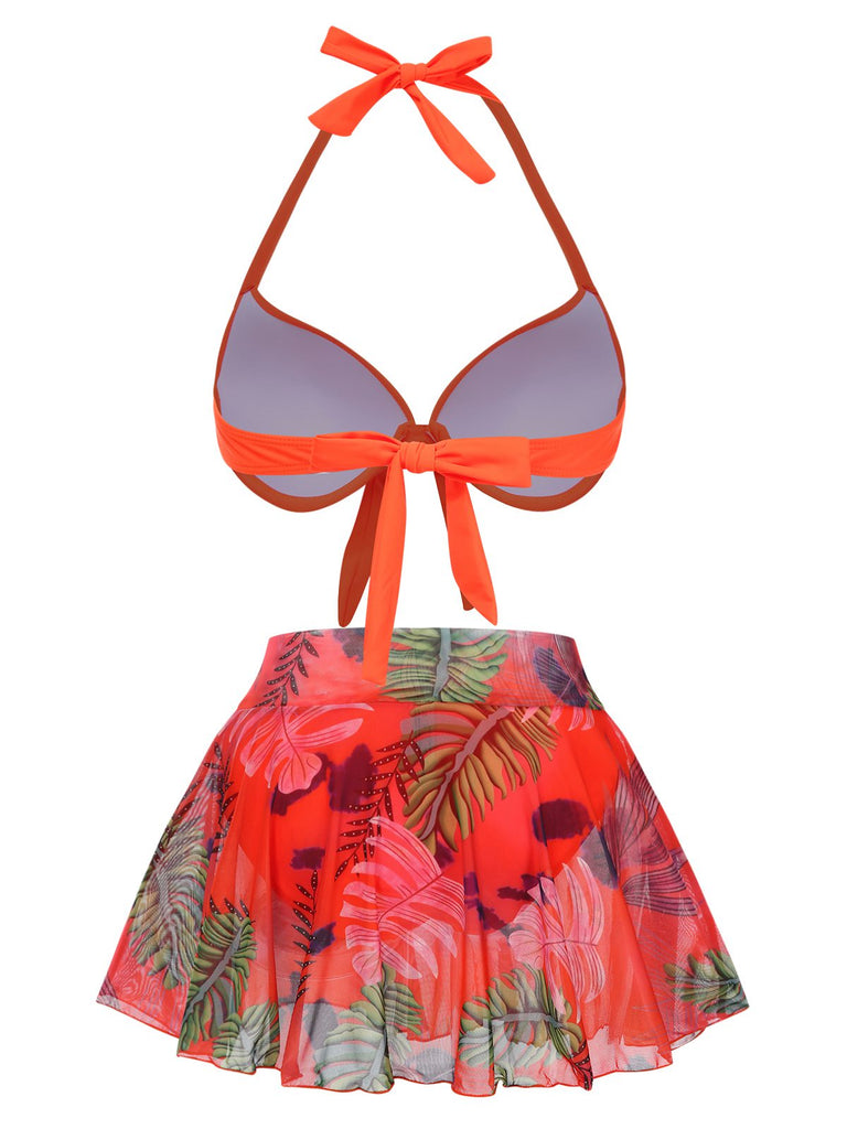 Orange Red 1940s Tropical Plants Halter Swimsuit