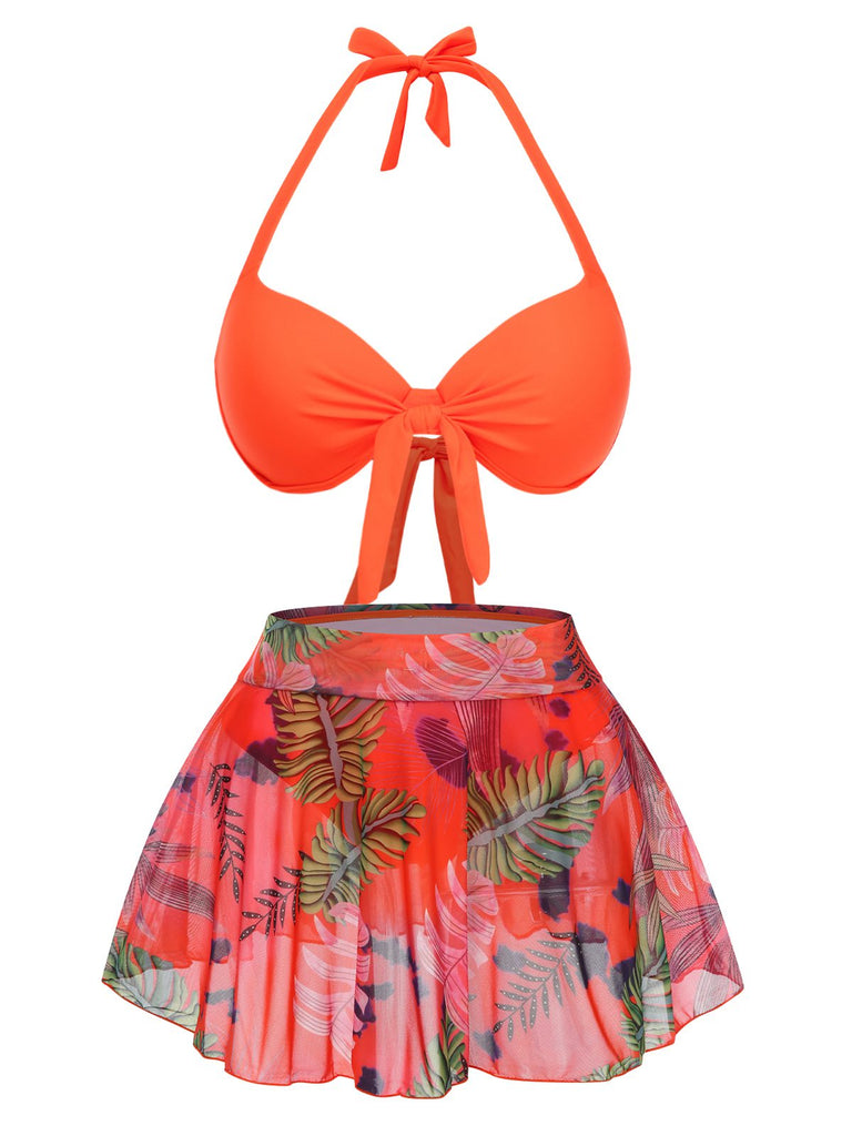 Orange Red 1940s Tropical Plants Halter Swimsuit