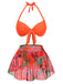 Orange Red 1940s Tropical Plants Halter Swimsuit