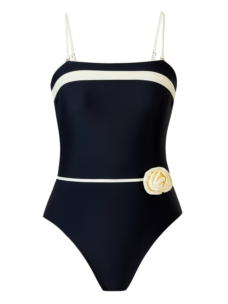 Black 1940s Contrast 3D Rose Belted Swimsuit